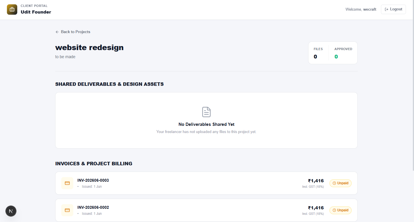 Deskflo client portal dashboard showing all projects for a client