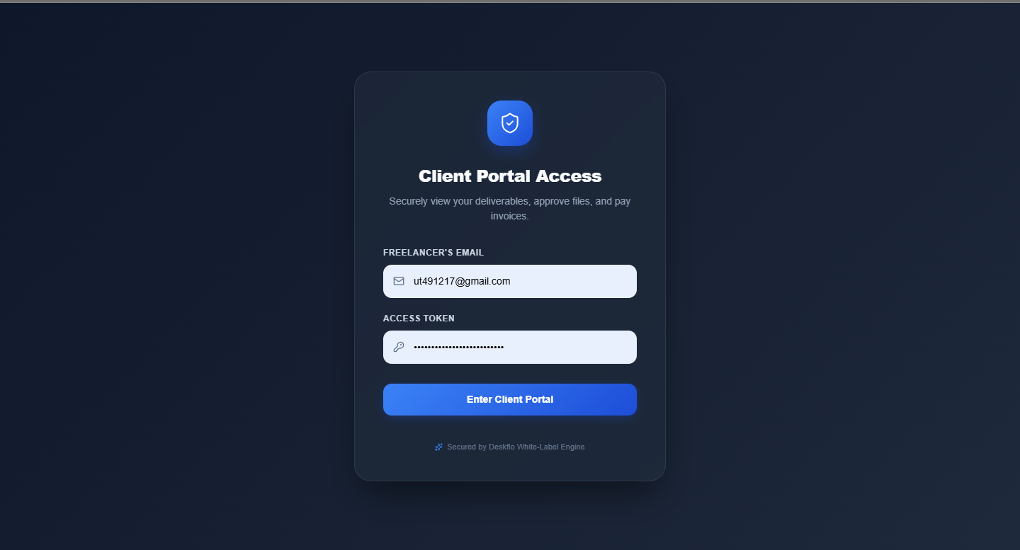 Deskflo client portal login page branded with freelancer logo