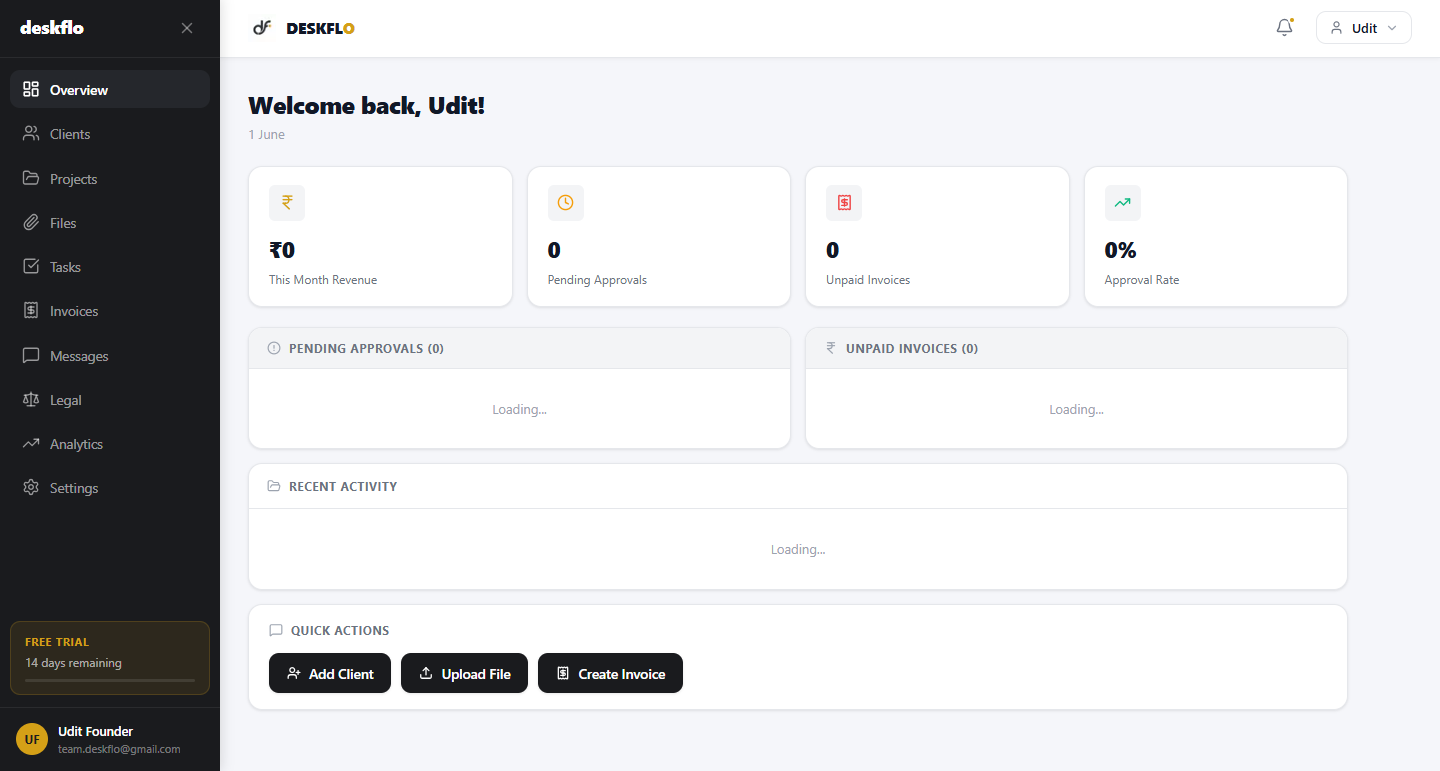 Deskflo freelancer dashboard overview showing revenue, pending approvals and active projects