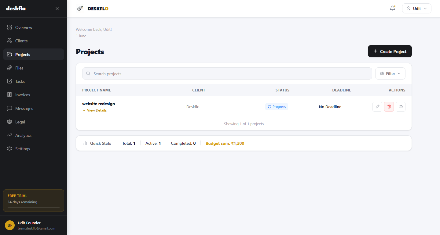 Deskflo projects list showing client projects with status and deadlines